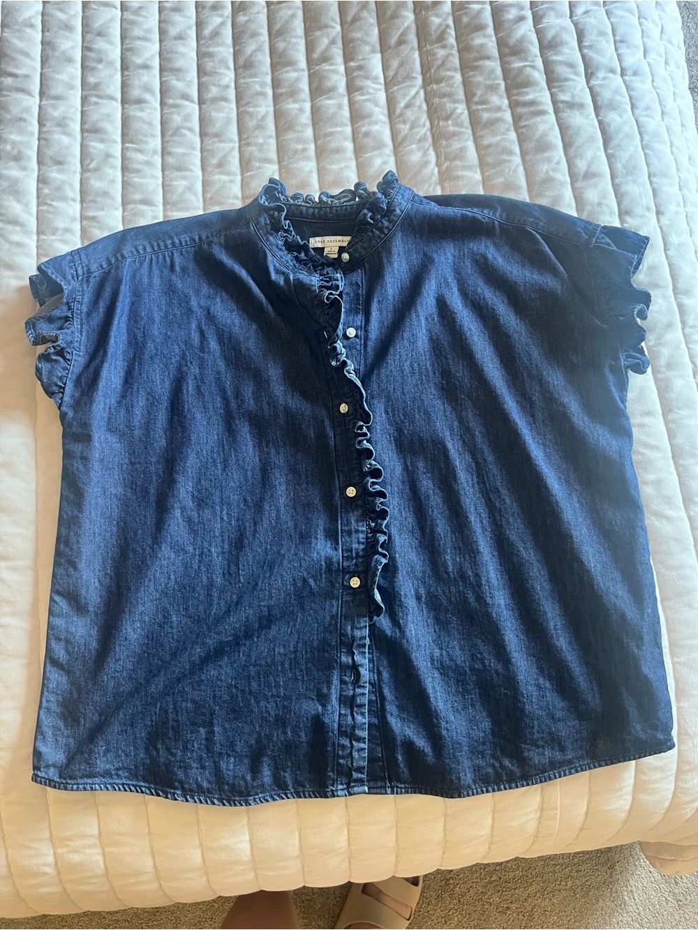 Denim Ruffle-Trim Button-Down Top - Dark Blue